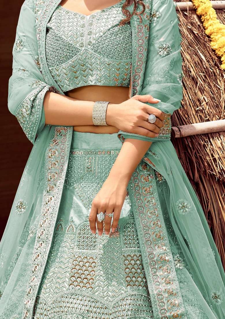 Turquoise Blue Embroidered Velvet Lehenga Set - Indya