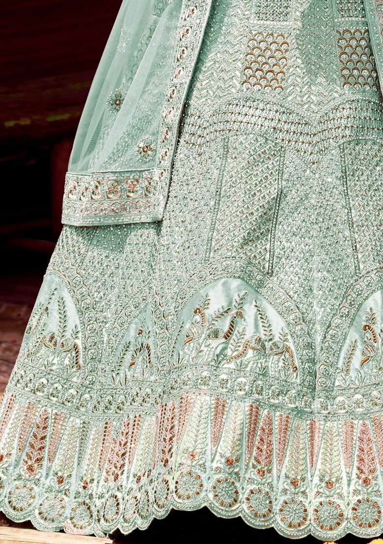 Turquoise Blue Embroidered Velvet Lehenga Set - Indya
