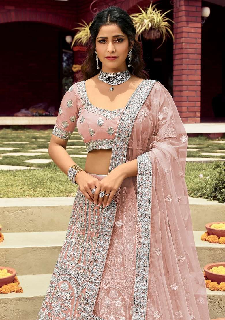 Peach Embroidered Organza Lehenga Set - Indya