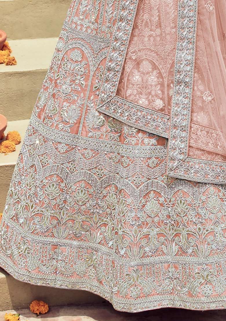 Peach Embroidered Organza Lehenga Set - Indya