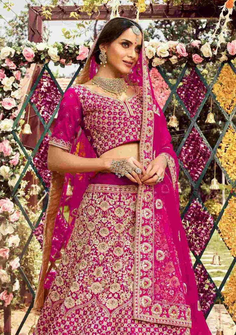 Pink Embroidered Silk Lehenga Set - Indya