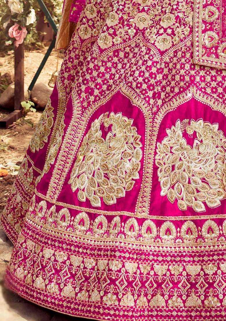 Pink Embroidered Silk Lehenga Set - Indya