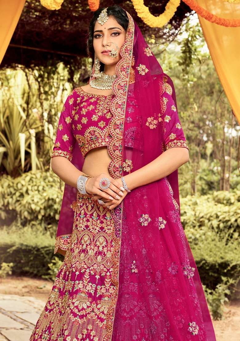 Pink Embroidered Silk Lehenga Set - Indya