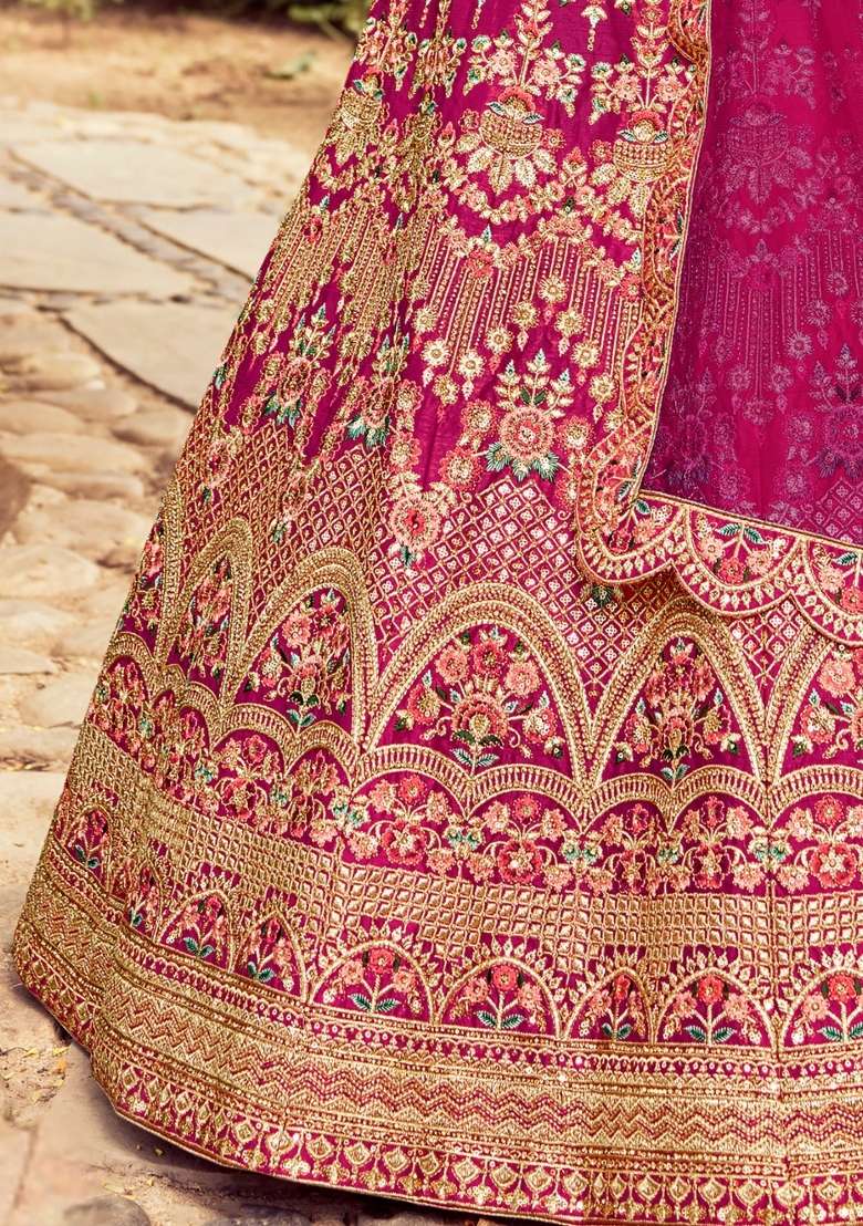 Pink Embroidered Silk Lehenga Set - Indya