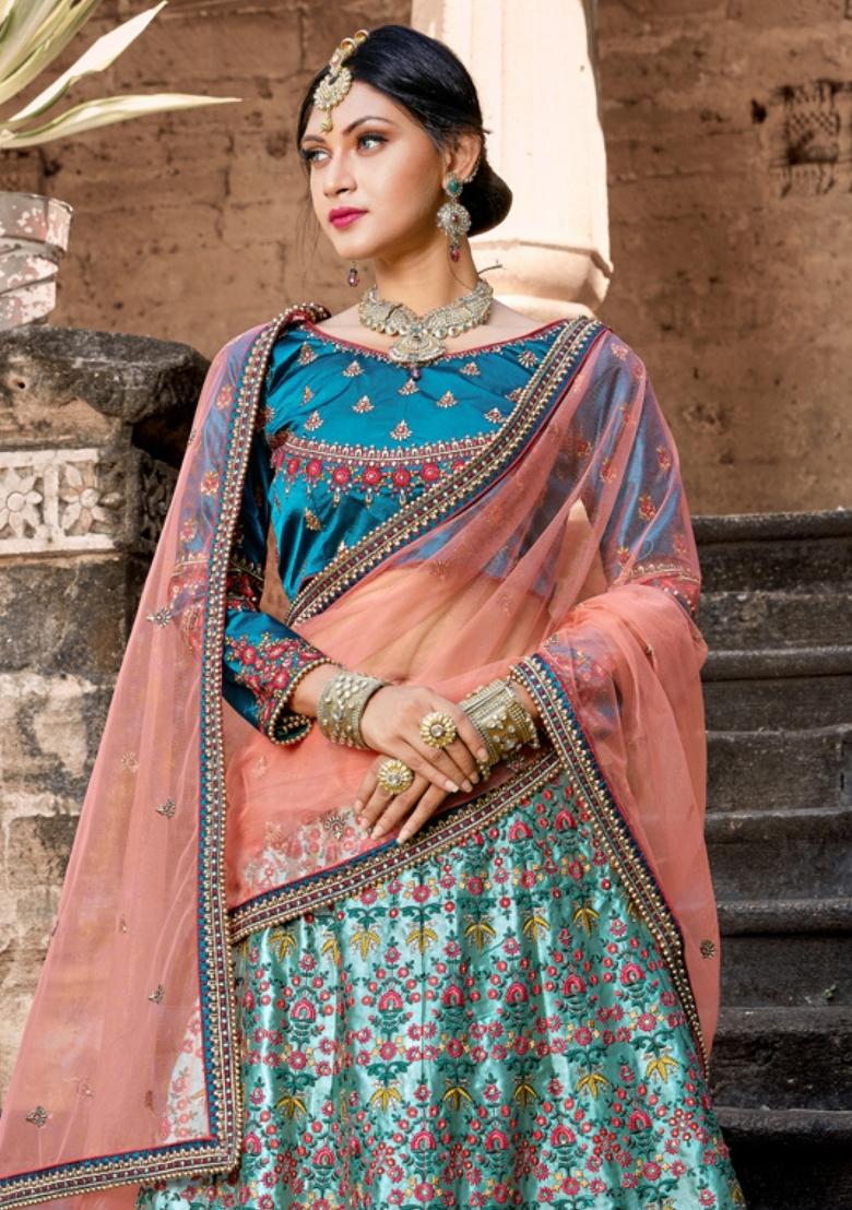 Blue Embroidered Satin Lehenga Set - Indya