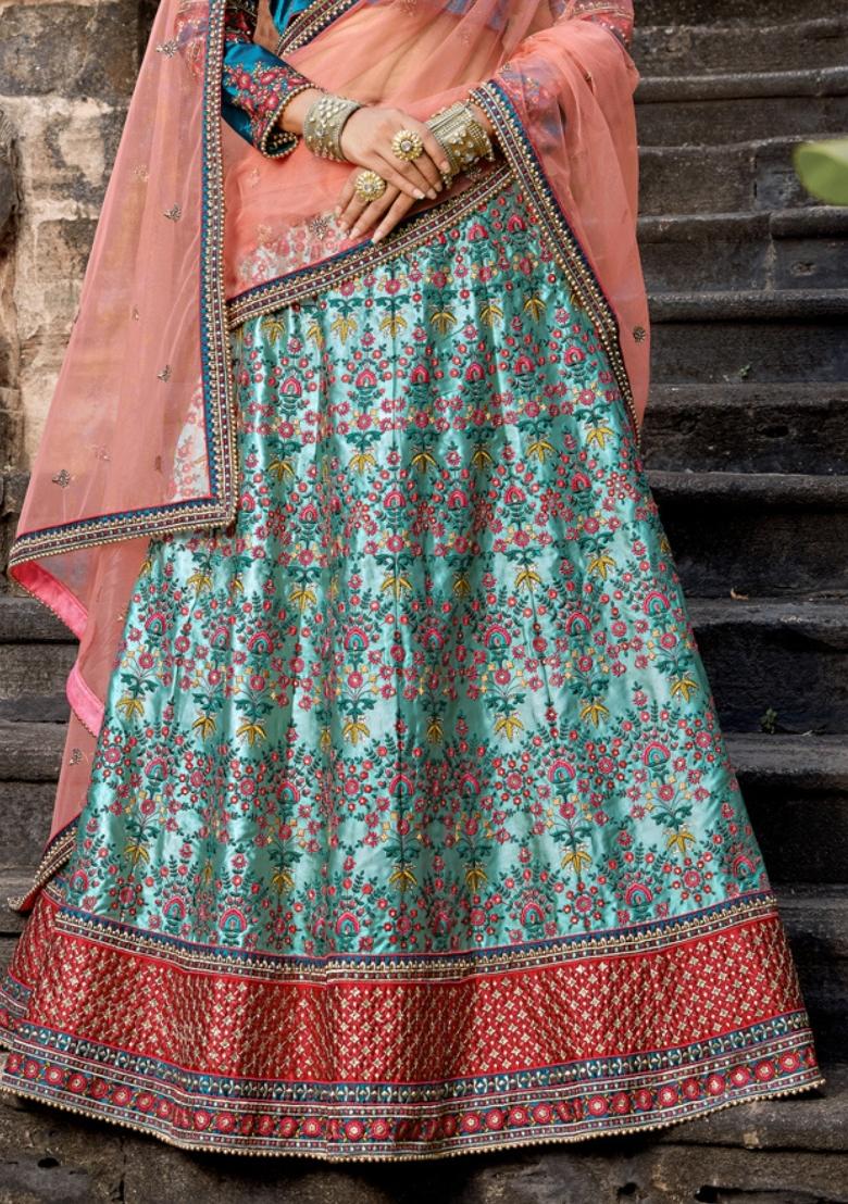 Blue Embroidered Satin Lehenga Set - Indya