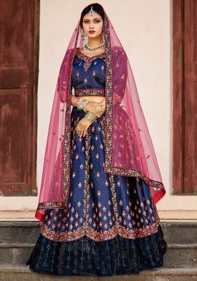 Navy Blue Embroidered Satin Lehenga Set