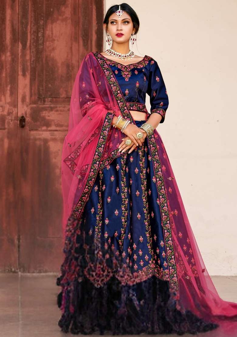 Navy Blue Embroidered Satin Lehenga Set - Indya
