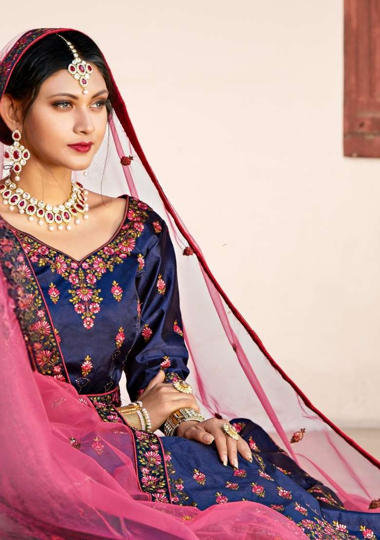 Navy Blue Embroidered Satin Lehenga Set - Indya