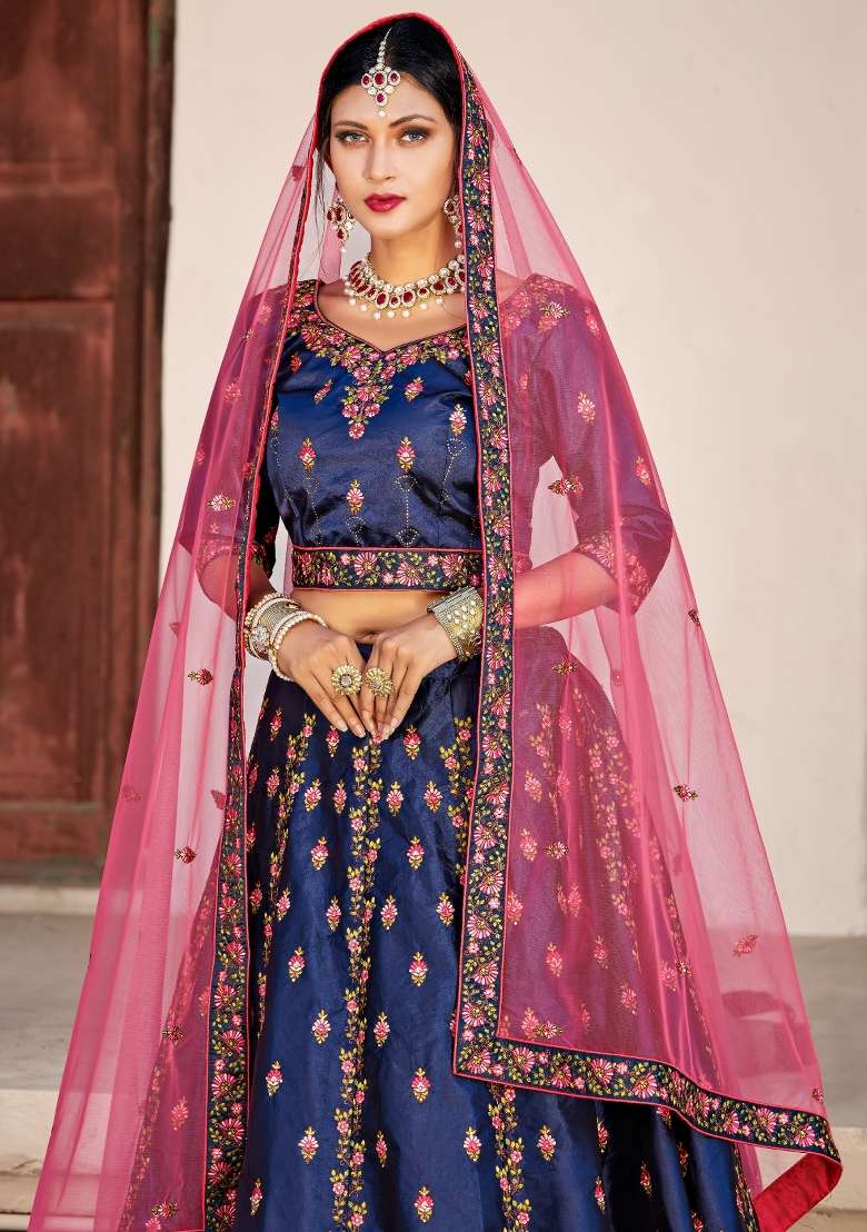 Navy Blue Embroidered Satin Lehenga Set - Indya