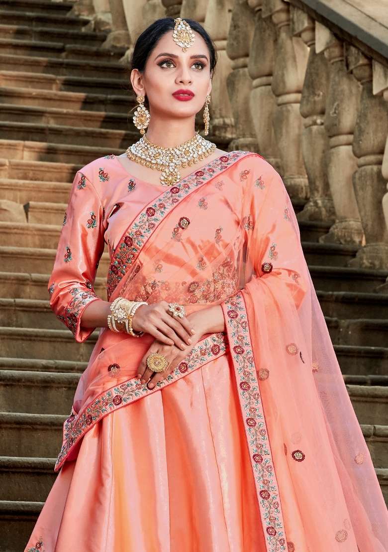 Peach Embroidered Satin Lehenga Set - Indya