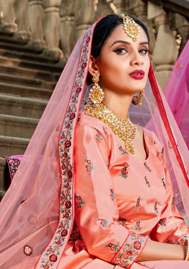 Peach Embroidered Satin Lehenga Set - Indya