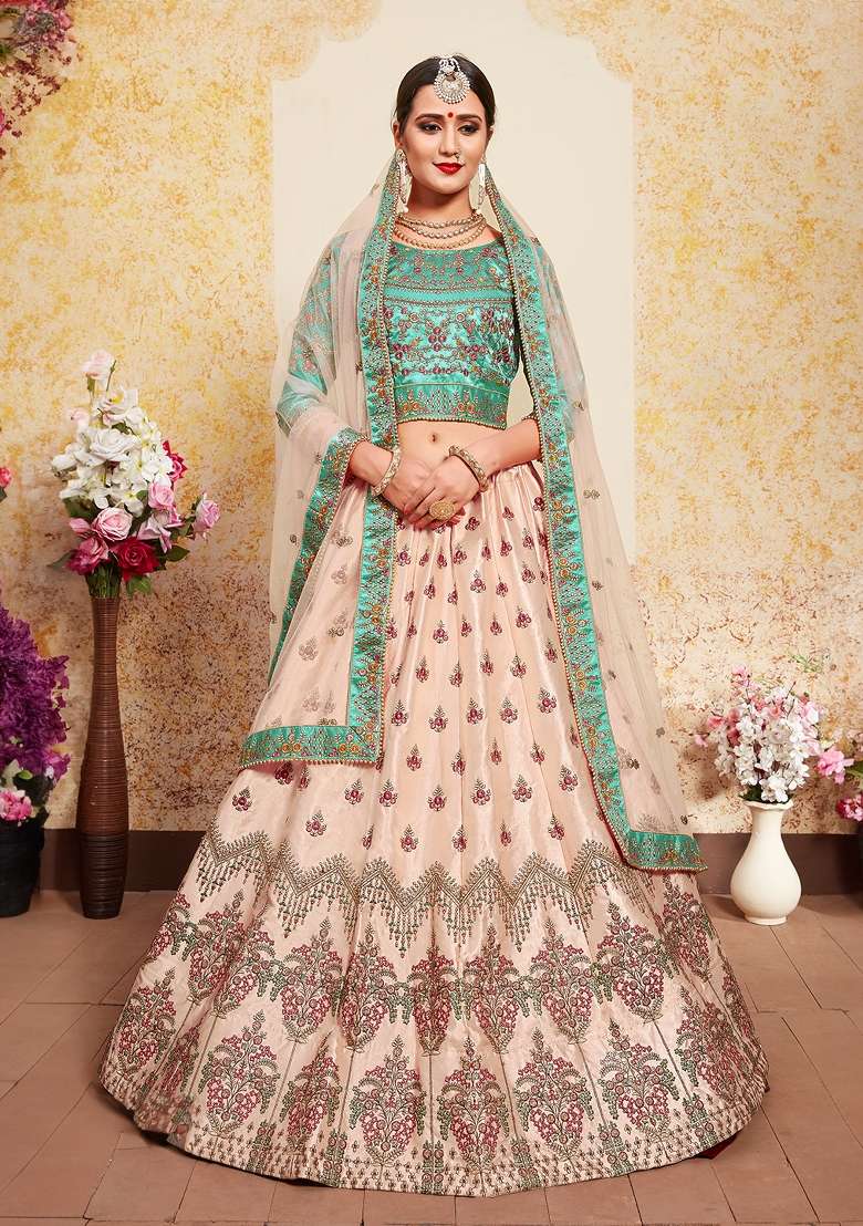 Peach Embroidered Satin Lehenga Set - Indya