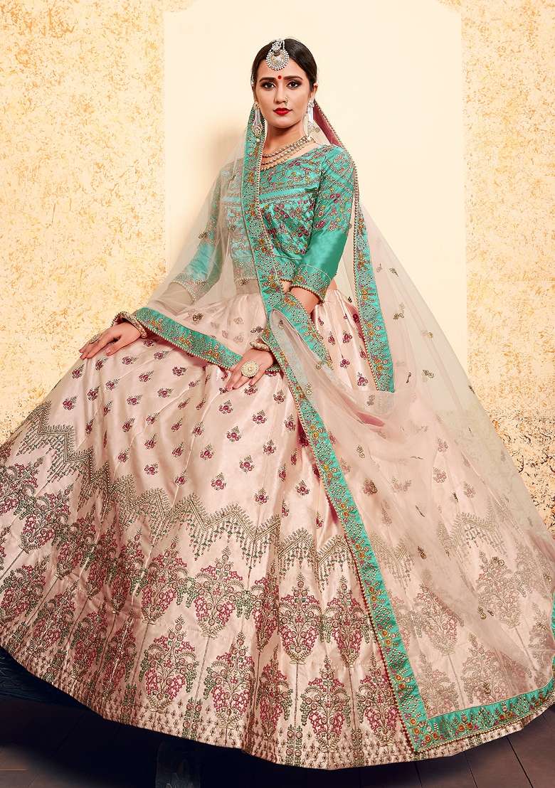 Peach Embroidered Satin Lehenga Set - Indya