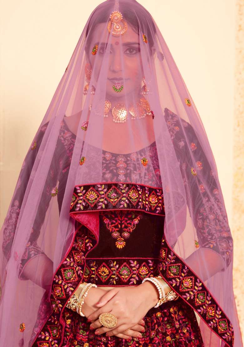 Maroon Embroidered Satin Lehenga Set - Indya