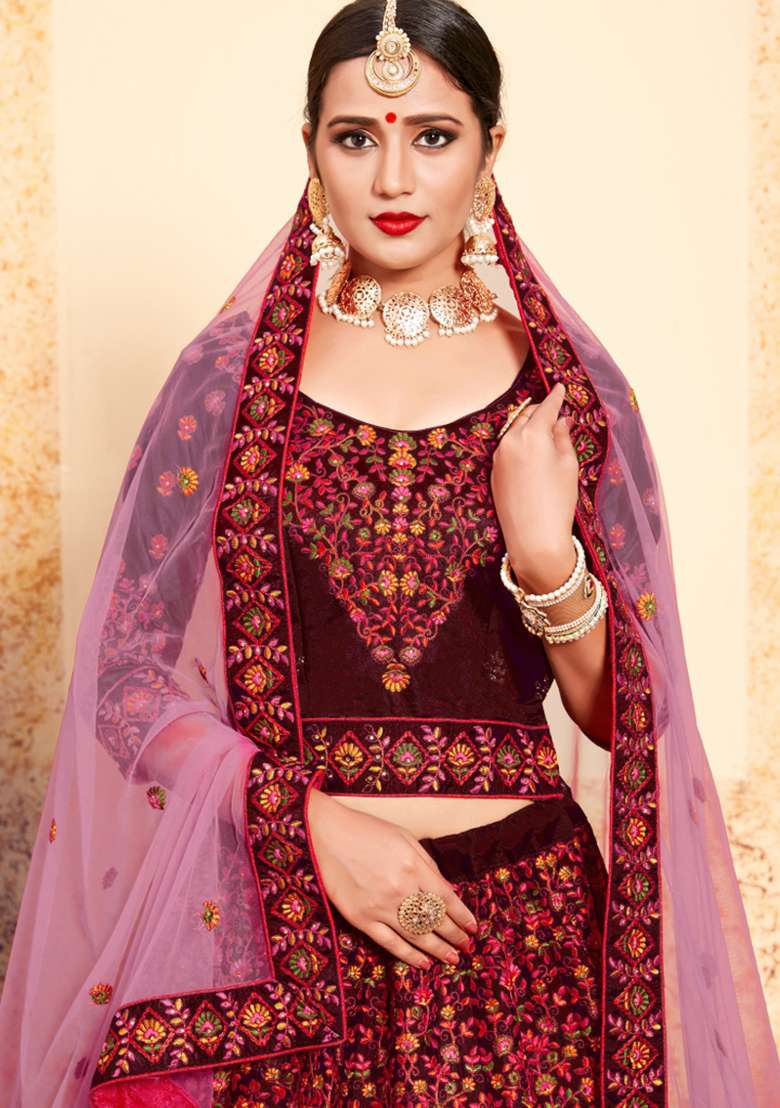 Maroon Embroidered Satin Lehenga Set - Indya