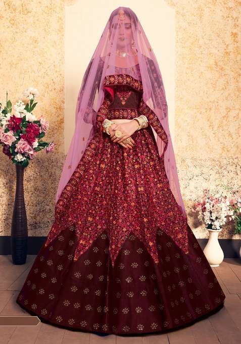 Maroon Embroidered Satin Lehenga Set