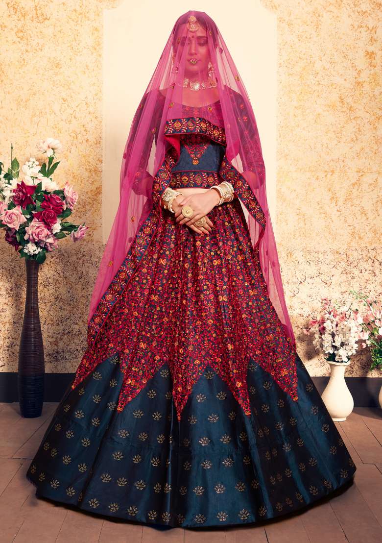 Navy Blue Embroidered Satin Lehenga Set - Indya