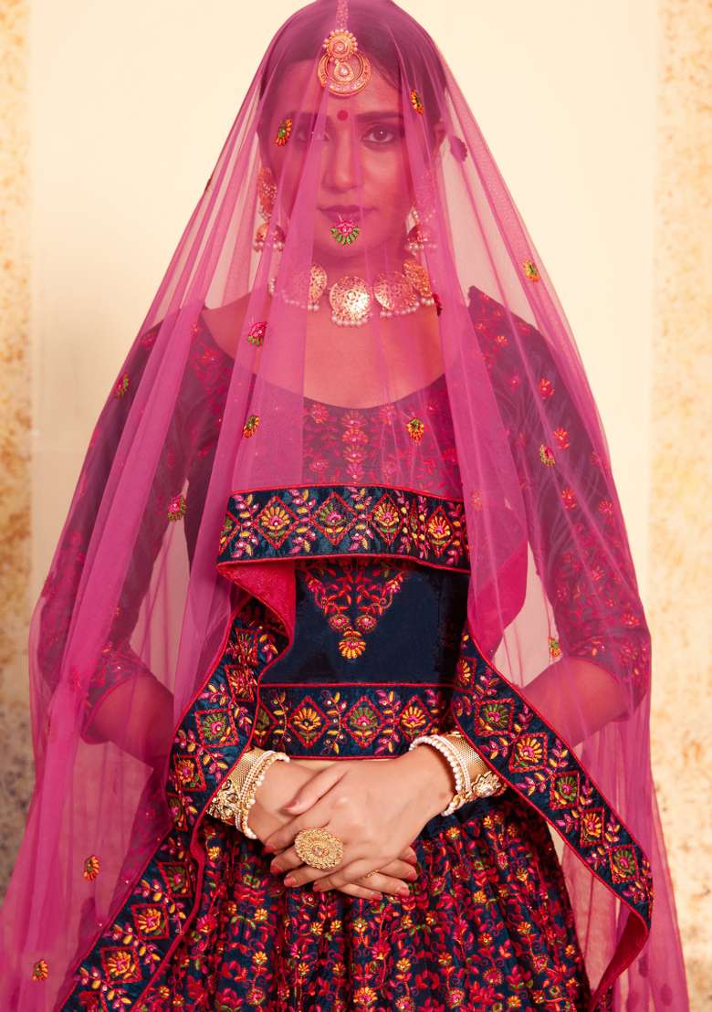 Navy Blue Embroidered Satin Lehenga Set - Indya