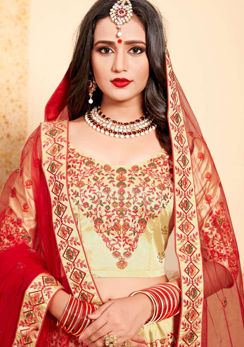 Beige Embroidered Satin Lehenga Set - Indya