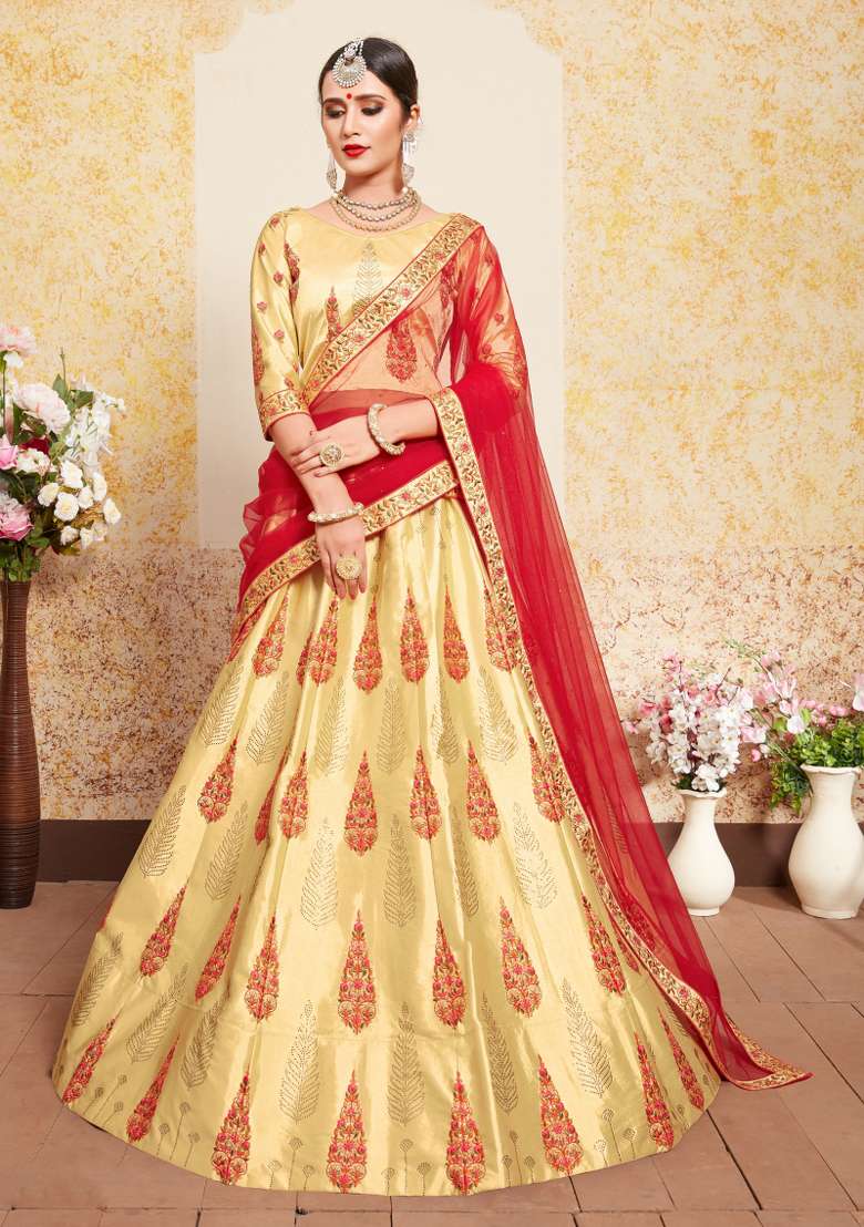 Beige Embroidered Satin Lehenga Set - Indya