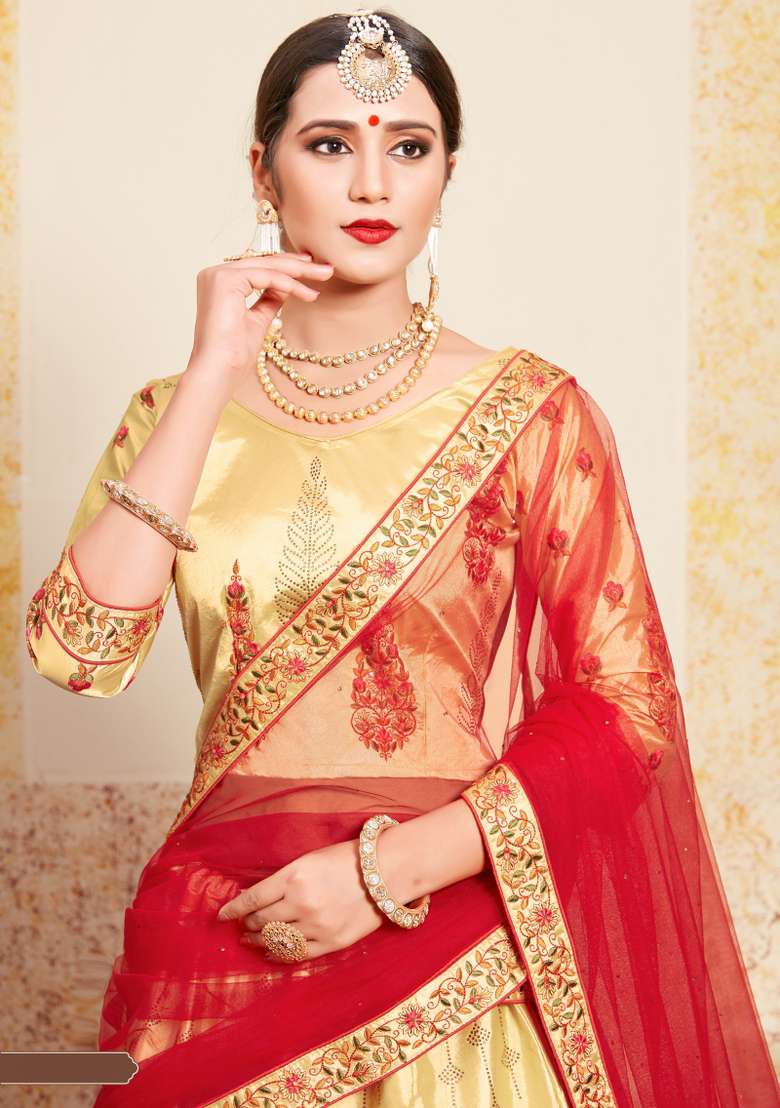 Beige Embroidered Satin Lehenga Set - Indya