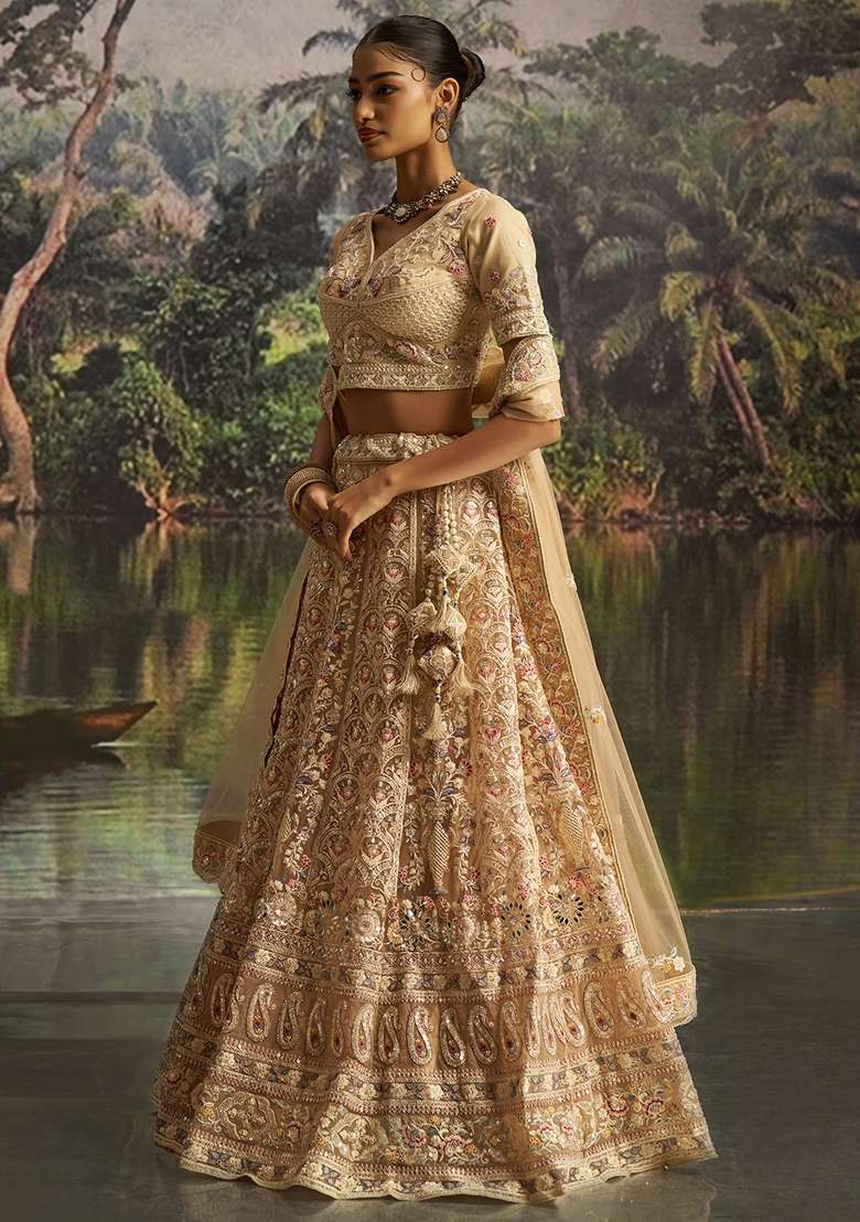 Cream Embroidered Georgette Lehenga Set - Indya