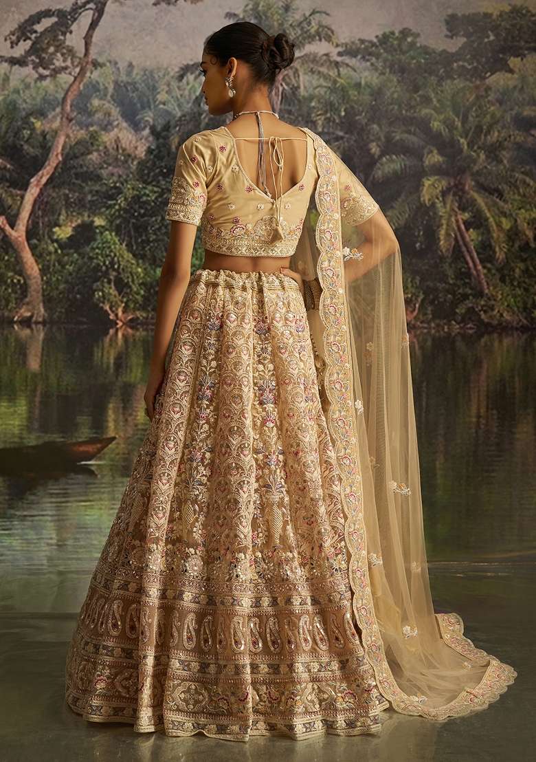 Cream Embroidered Georgette Lehenga Set - Indya