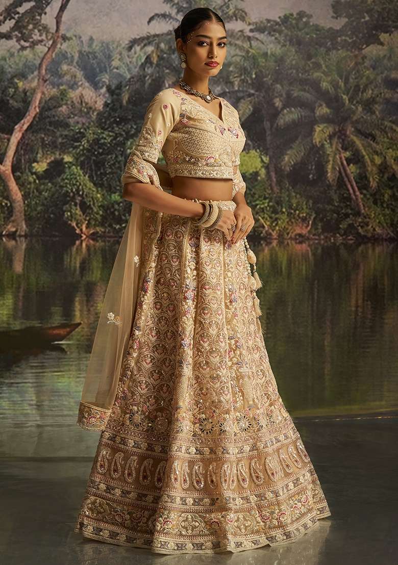 Cream Embroidered Georgette Lehenga Set - Indya
