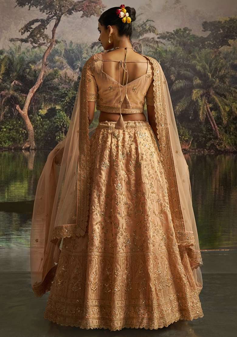 Peach Embroidered Net Lehenga Set - Indya