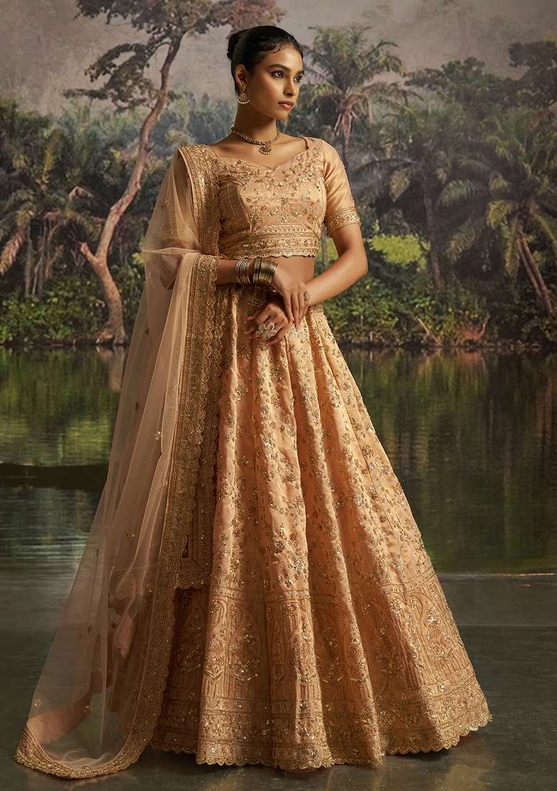Peach Embroidered Net Lehenga Set - Indya