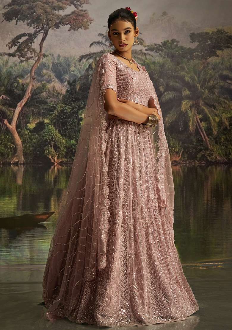 Mauve Embroidered Silk Lehenga Set - Indya