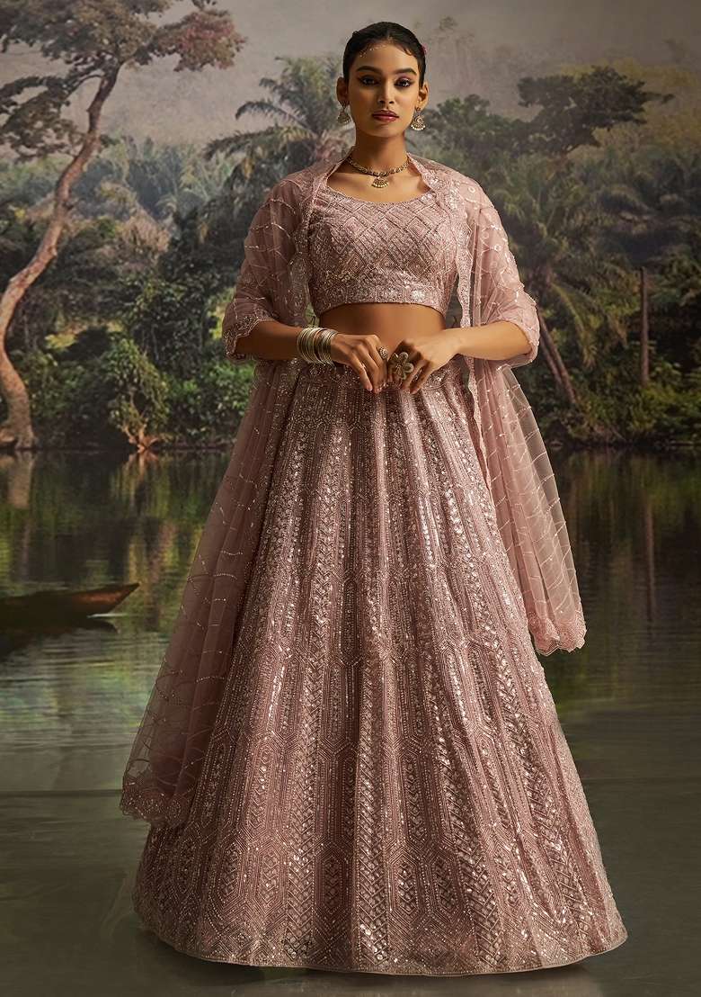 Mauve Embroidered Silk Lehenga Set - Indya