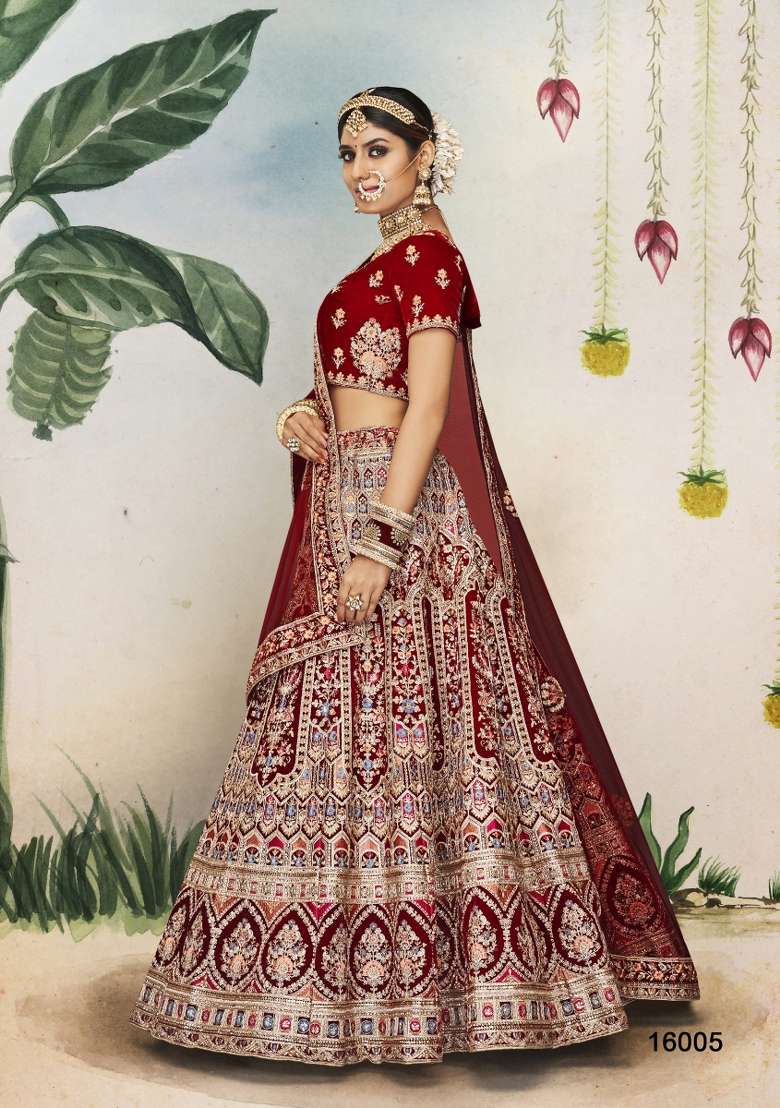 Maroon Embroidered Net Lehenga Set - Indya