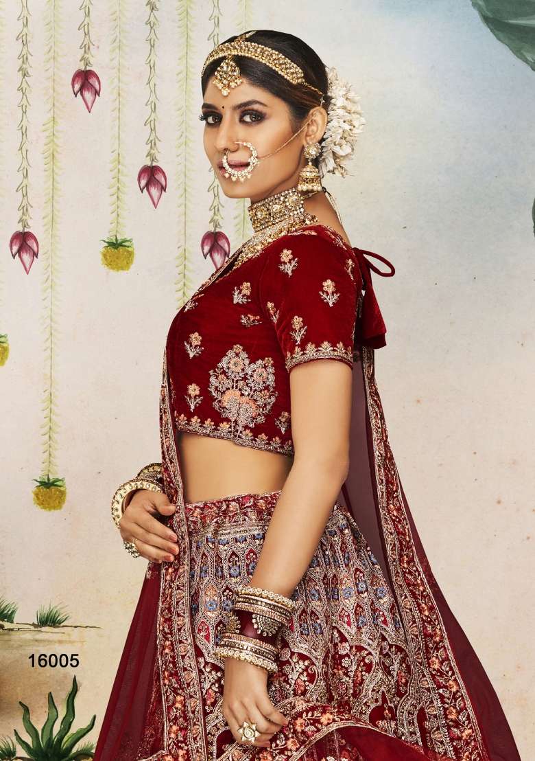 Maroon Embroidered Net Lehenga Set - Indya