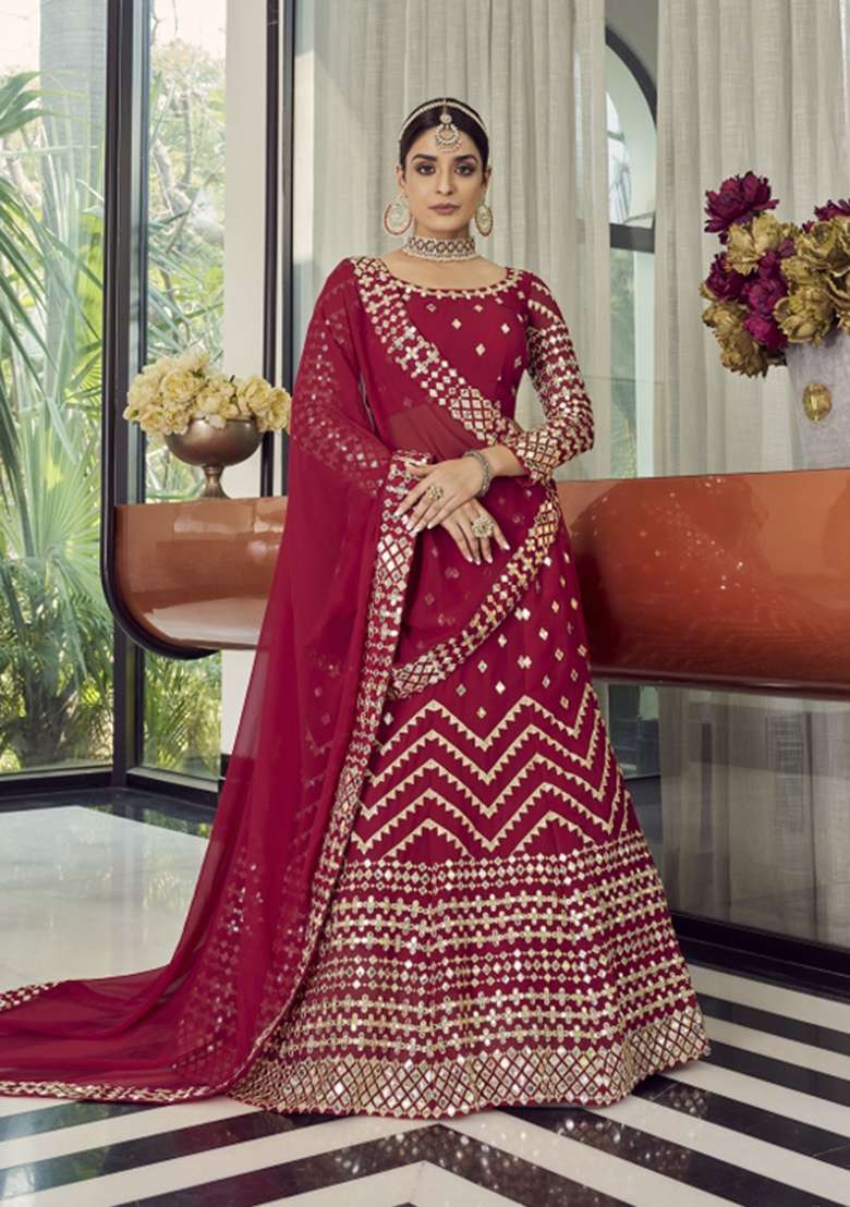 Red Embroidered Georgette Lehenga Set for Diwali and Festive Wear - Indya