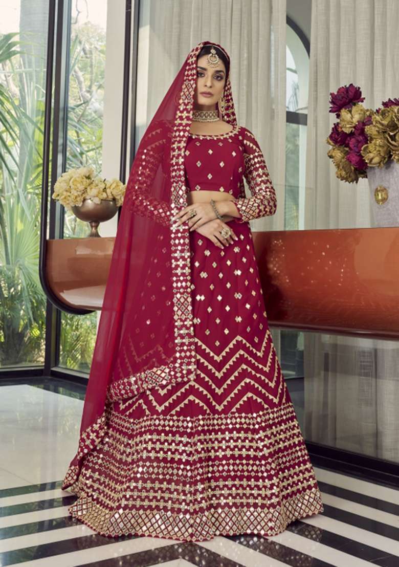 Red Embroidered Georgette Lehenga Set for Diwali and Festive Wear - Indya