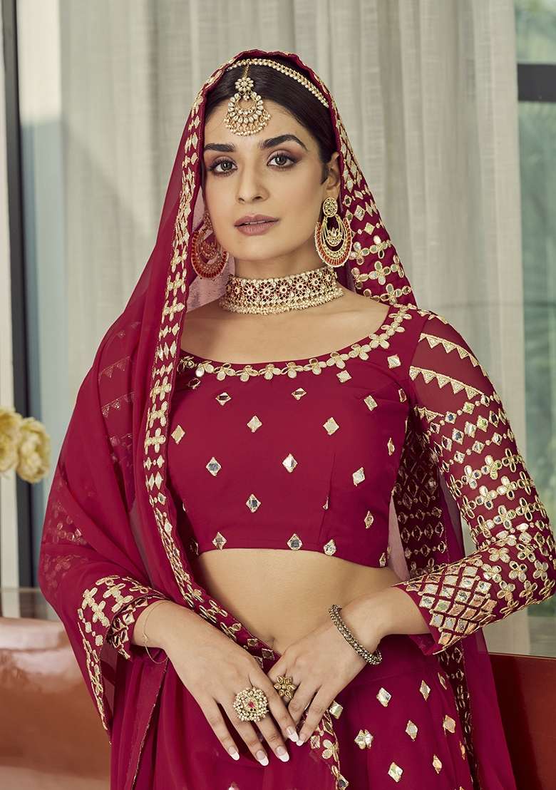 Red Embroidered Georgette Lehenga Set for Diwali and Festive Wear - Indya
