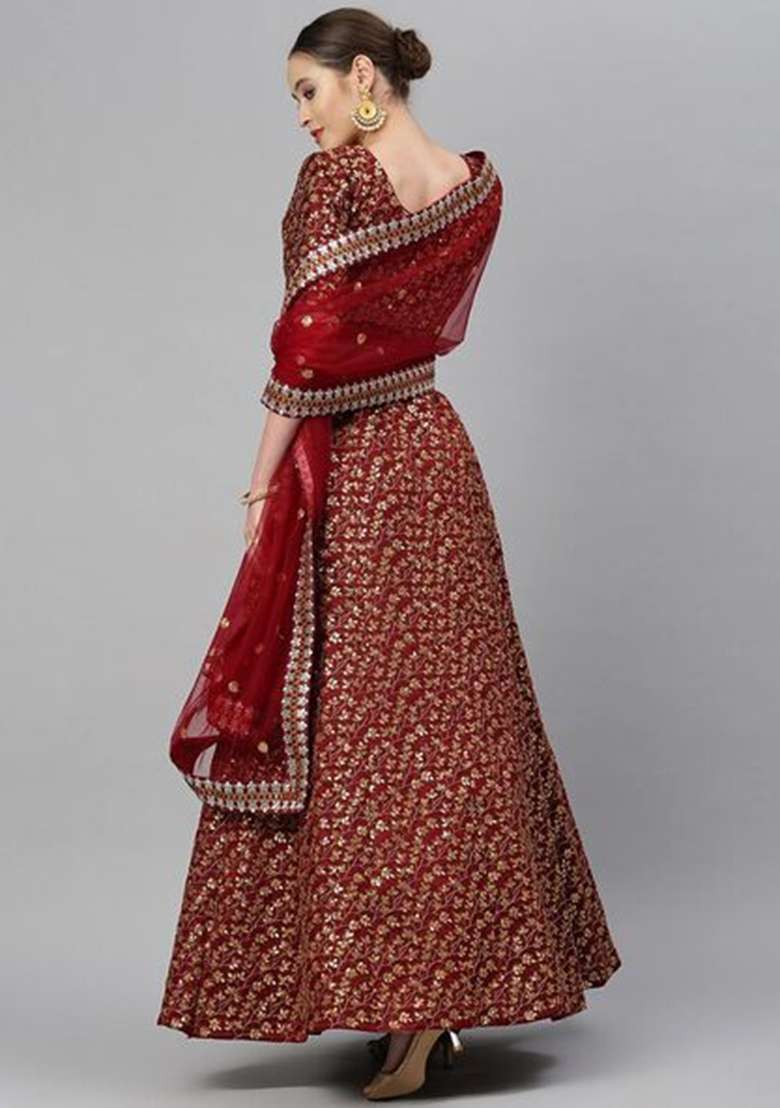 Maroon Organza Lehenga Set with Embroidered for Diwali | Wedding & Festive Wear - Indya