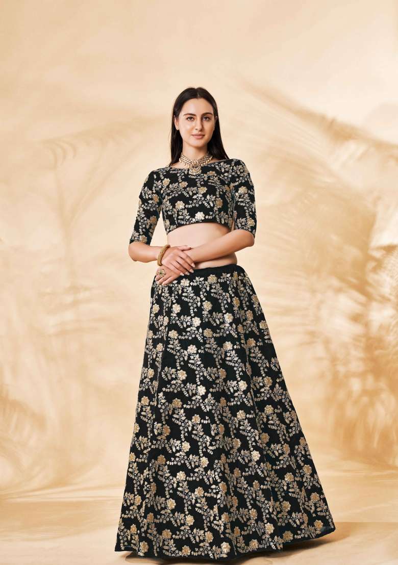 Black Embroidered Silk Lehenga Set for Diwali and Festive Wear - Indya