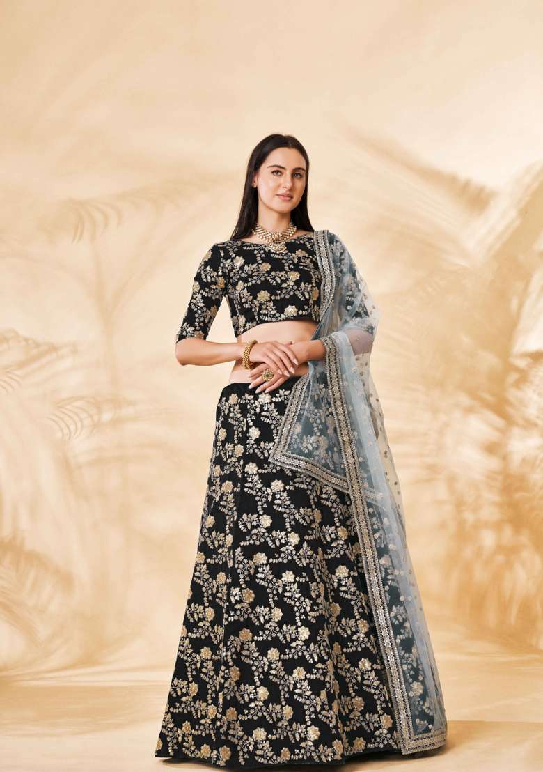 Black Embroidered Silk Lehenga Set for Diwali and Festive Wear - Indya