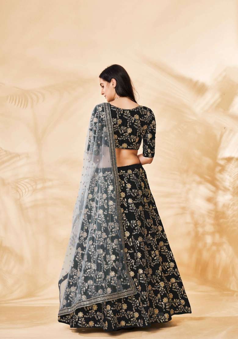 Black Embroidered Silk Lehenga Set for Diwali and Festive Wear - Indya