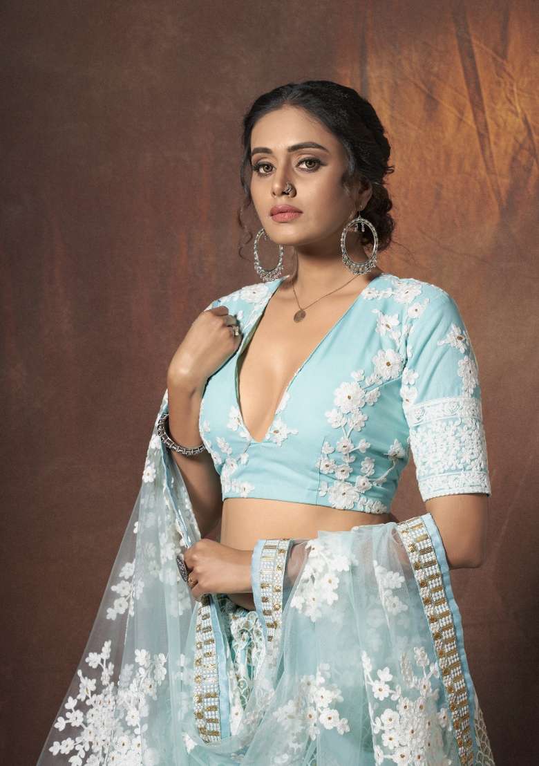 Sky Blue Embroidered Silk Lehenga Set for Diwali and Festive Wear - Indya