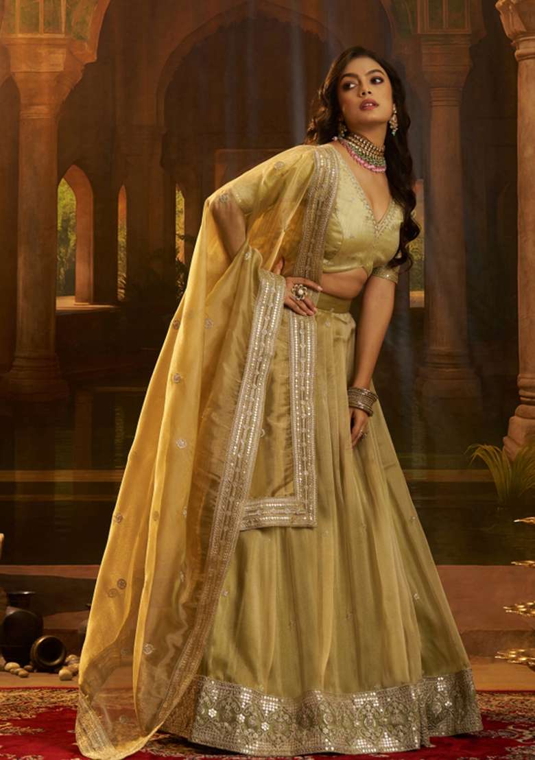 Olive Embroidered Silk Lehenga Set - Indya