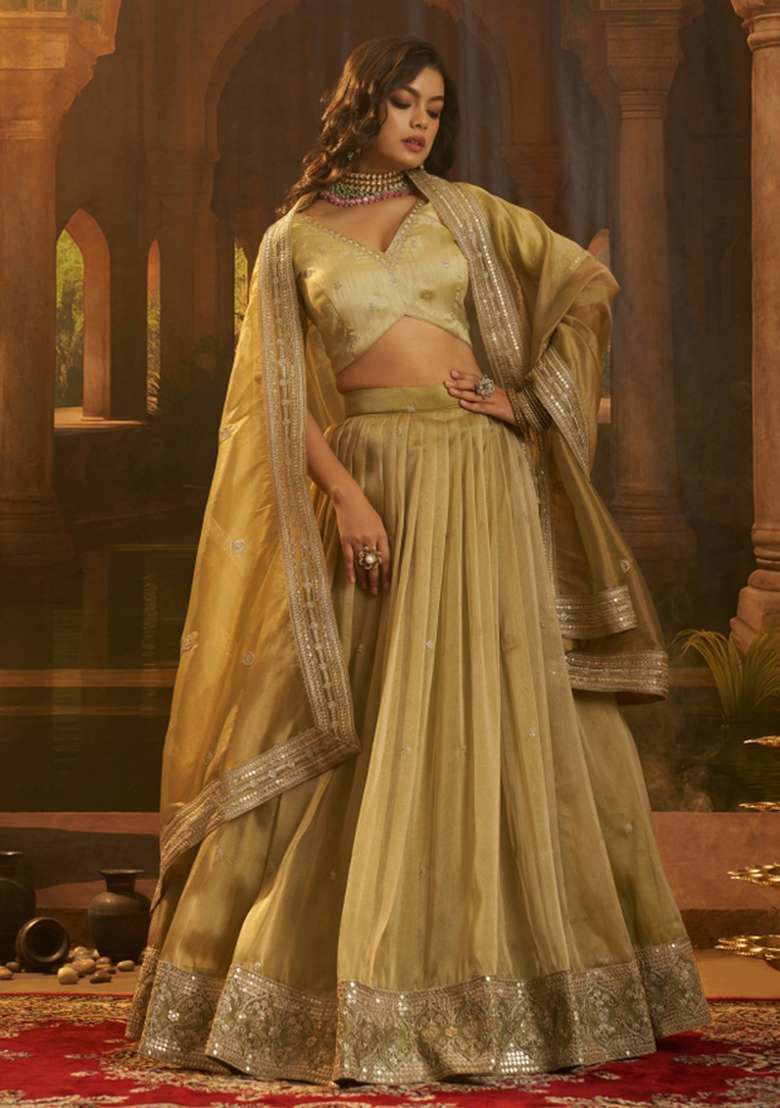 Olive Embroidered Silk Lehenga Set - Indya