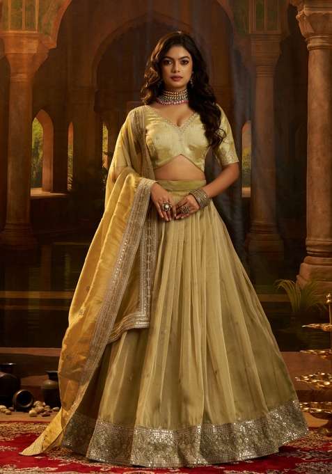 Olive Silk Lehenga Set with Embroidered for Diwali | Wedding & Festive Wear