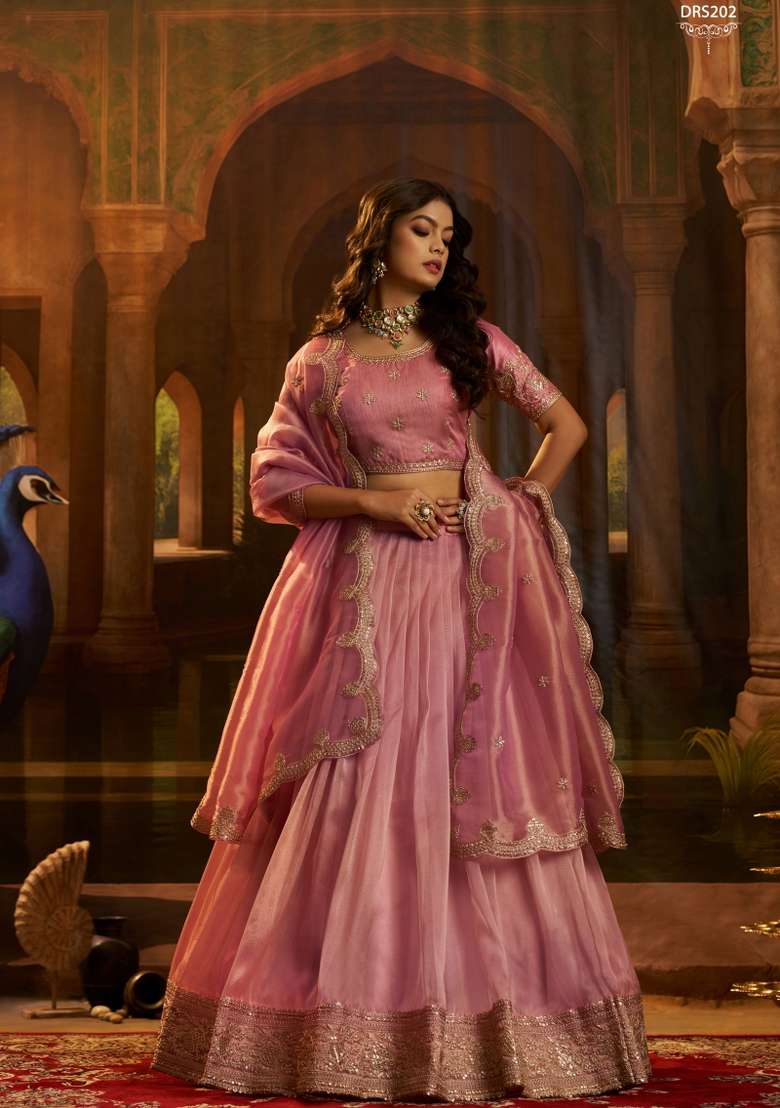 Pink Embroidered Silk Lehenga Set for Diwali and Festive Wear - Indya