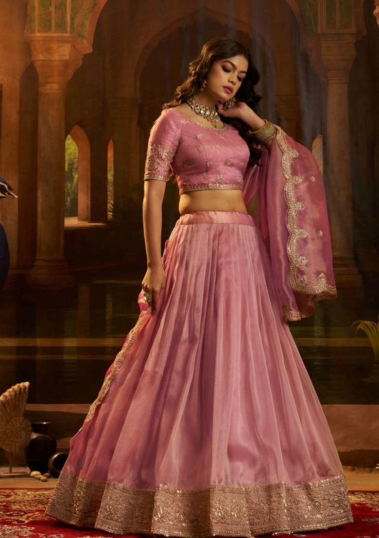 Pink Embroidered Silk Lehenga Set for Diwali and Festive Wear - Indya