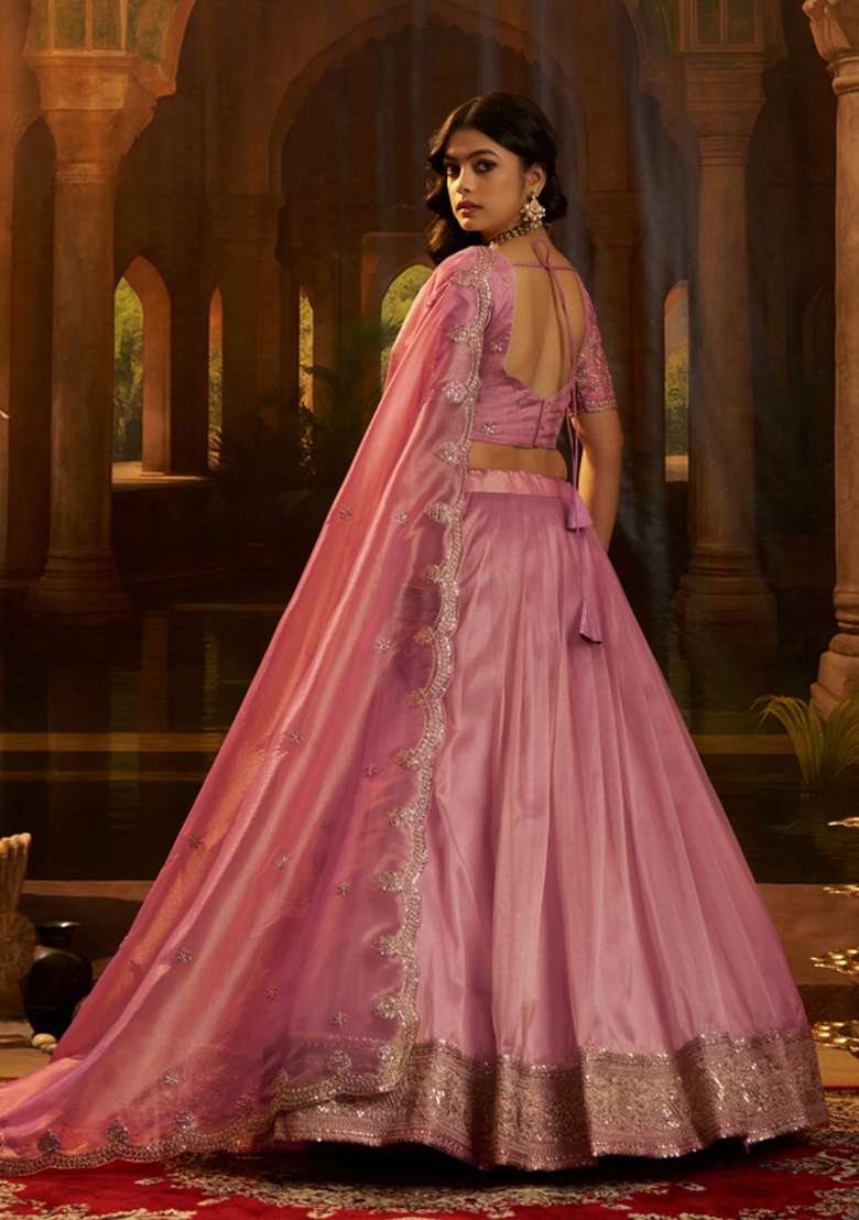 Pink Embroidered Silk Lehenga Set for Diwali and Festive Wear - Indya