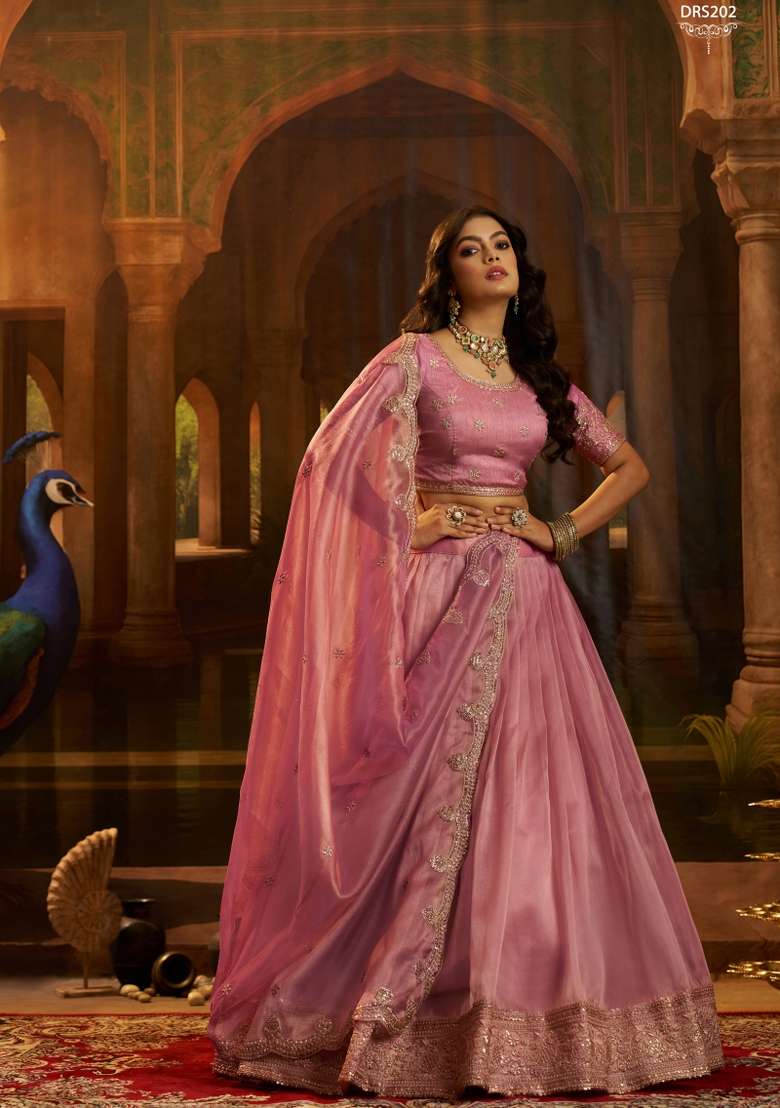 Pink Embroidered Silk Lehenga Set for Diwali and Festive Wear - Indya